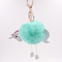 MOQ:10PCS Girls Fashion Jewellery Party Favours Keychains Cute Horse Unicorn Fluffy Balls Key Ring Baby Shower For Women Bags