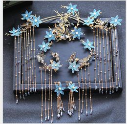 New Antique Chinese Blue Butterfly Hair Ornament Set Marriage Accessories Headwear