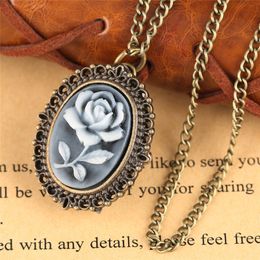 Vintage Bronze Rose Flower Oval Shape Design Small Size Quartz Pocket Watch Analog Display Clock Sweater Necklace Chain Gift To Women