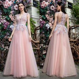 2020 Fashion Evening Dresses V Neck Sleeveless Lace Appliques Feather Prom Gowns Custom Made Sweep Train Special Occasion Dress