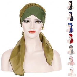 Women Head Scarf Chemo Hat Muslim Turban Pre-Tied Headwear Beanie Head Wrap Hijab Patchwork Islamic Arab Long Tail Headscarf New