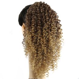 14'' auburn ombre honey blonde Afro Kinky Curly Ponytail Clip in Hair Extension Adjustable Wrap String120G