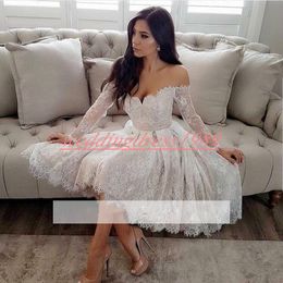 Fashion Long Sleeve Arabic Lace Homecoming Dresses Off Shoulder Cheap Party Club Wear Knee Length Cheap A-Line Juniors Cocktail Prom Dress