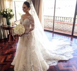 3D-Floral Appliques Wedding Dresses sheer neck Long Sleeves Full Lace Over Skirts Vintage Arabic Bridal Gowns Dubai Wedding Gowns