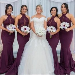 2020 New Burgundy Halter Lace Bridesmaid Dresses Keyhole Sheer Neck Custom Made Mermaid Wedding Guest Gown Vestido Gadern Wedding 4627