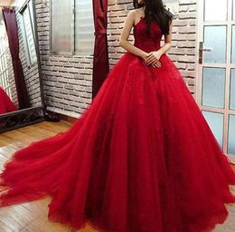 Custom Made Red Applique Lace Quinceanera Dresses Jewel Sheer Back Ball Gown Prom Dress Prom Formal Wear
