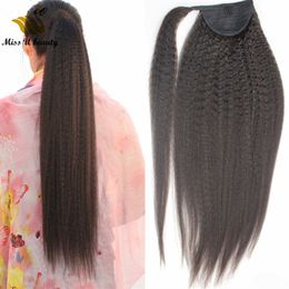 Kinky Straight Ponytail Hair Extensions Clip in Wrap Around Natural Black Colour 100gram