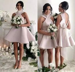 Country Style Short Bridesmaids Dresses Cheap Halter Backless Wedding Guest Gowns Back With Big Bow Backless Maid Of Honor Dress
