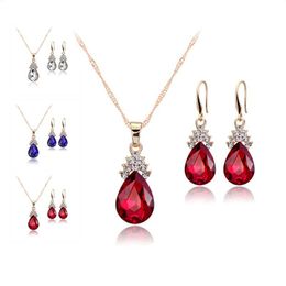 Crystal Diamond Water Drop Necklace Earrings Sets Gold Chain Necklace for Women Fashion Wedding Jewelry Sets Gift Drop Shipping HJ244