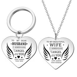 Stainless Steel Necklace Heart Pendant Keychain WIFE HUSBAND Angel Wing Necklace Silver