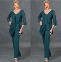 Cheap Simple Chiffon Mother Of The Bride Pants V Neck Long Sleeves Plus Size Floor Length Mothers Wedding Guest Pant Suits