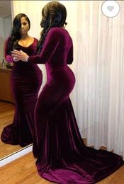 Burgundy V Neck Long Sleeves Mermaid Evening Dresses 2020 Plus Size Velvet Black Girls Prom Dresses Sweep Train Formal Party Dresses BC4042