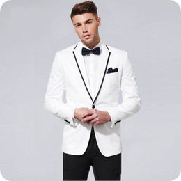 Custom Made White Men Suits for Wedding Black Notched Lapel Tuxedo Slim Fit Formal Blazer Jacket Pants 2Pieces Prom Party Best Man Costume