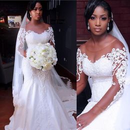 Luxuriöse afrikanische Nigeria-Meerjungfrau-Brautkleider mit Ärmeln, O-Ausschnitt, Spitze, Boho-Landhochzeitskleid, großes Brautkleid, Robes de Mari￩e 2020