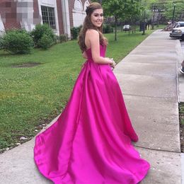 Event Simple A-line Prom Dresses Strapless Neckline Long Formal Party Fuchsia Pink evening gowns Sweep Train Vestido De Formatura Lace Up