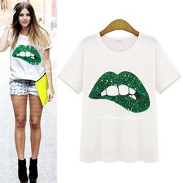 Women Top 2020 Summer Tees Elegant Cotton Blend Sequin Big Mouth Sexy Fashion Evening Wear Casual T Shirt 5 Patterns S to XXL