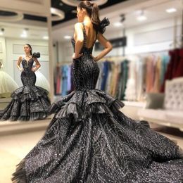 Beaded Mermaid Sparkly Prom Cross Sweetheart Backless Tiered Black Evening Dress Gorgeous Celebrity Red Carpet Dresses es