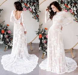 new bohemian wedding dresses vintage full lace jewel neck sheer long sleeves backless beach boho bridal gowns