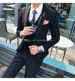 Newest One Button Groomsmen Peak Lapel Wedding Groom Tuxedos Men Suits Wedding/Prom/Dinner Best Man Blazer(Jacket+Tie+Vest+Pants) 547