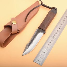 survival Straight Hunting Knife High Carbon Steel Drop Point Blade Full Tang Handle Knives With Leather Sheath