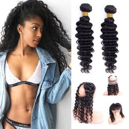 Malaysian Human Hair Natural Color 2 Bundles With 360 Lace Frontal 3 Pieces/lot Deep Wave