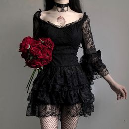 Women's Dark Sweet Gothic Punk Floral Lace and Mesh Flare Three Quarter Sleeves Off-Shoulder Mini Dress Black S-XXL