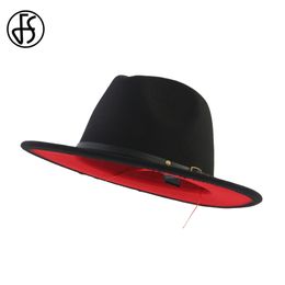 FS Black Red Patchwork Wool Felt Jazz Fedora Hats With Belt Buckle Men Women Wide Brim Panama Party Trilby Bowler Cowboy Cap T200620