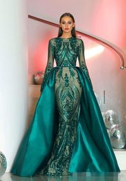 Green Dark Dubai Evening Dresses Sequins Applique Satin Tulle Mermaid Detachable Train Overskirt Long Sleeves Prom Ball Gown Formal Wear