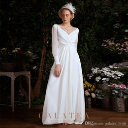 Sexy Elegant A Line White Wedding Dresses V Neck Long Sleeve Floor Length Vintage Wedding Dress Bridal Gowns Vestidos De Noiva robes de