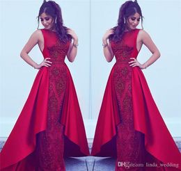 2019 Arabic Dubai Red Evening Dress Jewel Neck Appliques Formal Holiday Wear Prom Party Gown Custom Made Plus Size