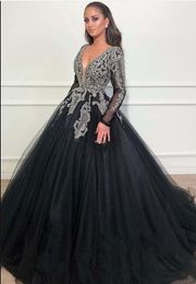 Saudi Arabic Long Sleeves Black Prom Dresses 2019 Ball Gowns Deep V-Neck Beaded Sequined Appliques Sparkly Evening Dresses Abiye Customised