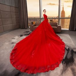 Cathedral Train Red Wedding Dresses Lace 2022 V-neck Long Sleeve Applique Beads Sequins Bridal Dress Wedding Gowns Plus Size Custo233F
