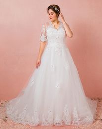 Plus Size A Line Lace Wedding Dresses With Half Sleeves New Arrival Sheer Long Princess Bridal Gowns Winter Crystal Appliques Hot HY390