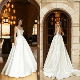 simple satin wedding dresses vintage custom made square sleeveless sweep train wedding gown backless ruffle elegant bridal gown