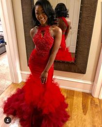 Red High Low Mermaid Prom Dresses New Sleeveless Lace Applique Beaded Sleeveless Sexy Back Formal Evening Dress Party Gowns