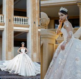 2020 A Line Wedding Gowns Jewel Neck Long Sleeve Zipper Plus Size Wedding Dresses Sweep Train Tulle Lace Beads Sequins Applique Bridal Gowns