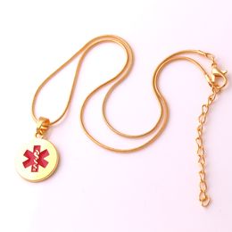 Red Enamel Hexagon Shape Round Pendant Diabetes Medical Alert ID Gold Plated Snake Chain Necklace