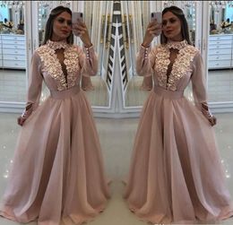 Sexy Plus Size Prom Dresses High Neck Long Sleeves 2020 handmade flowers Arabic Muslim A Line chiffon Evening Formal Gown Robe De Soiree