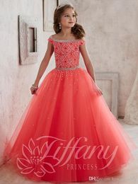 2020 Little Girls Pageant Dresses Wear New Off Shoulder Crystal Beads Coral Tulle Formal Party Dress For Teen Kids Flowers Girls Gowns