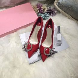 Hot Sale-Patent Leather Pumps With Sparkling Crystals Single Shoes Embellishes Buckle Sandals Pointy Toe Dress Wedding OL Shoes Original Box