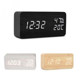 Wooden LED Alarm Clock with Old Style Temperature Sounds Control Calendar LED Display Electronic Desktop Digital Table Clocks free shipping