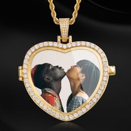 Customised Photos Necklaces Jewellery Fashion 18K Gold Plated Heart Memory Pendant Necklace Bling Zircon Paved Hip Hop Necklaces for Men Women