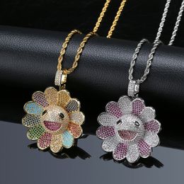 Europe and America Hotsale Gold Plated Full CZ Rotating Flower Pendant with Rope Chain for Men Women Jewellery Gift for Friend