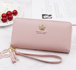 DHL30pcs Women PU Leave Decoration Multifunctional Large Capacity Long Card Holder Wallet