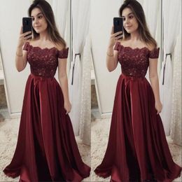 Burgundy Satin Prom Party Dress Beads Off The Shoulder Short Sleeves High Quality Evening Party Dress