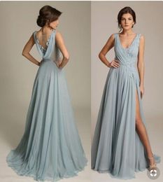 A Line Chiffon V Neck Grey PArty Prom Dresses Long Split Front Robes de cocktail Rachel Allan Sexy Cheap Evening Gown