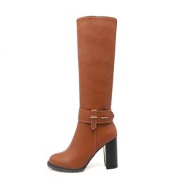 hot salewinter warm square high heel side zipper knee high boots fashion round toe shoes woman brown white black