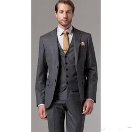 New High Quality Two Button Dark Gray Groom Tuxedos Notch Lapel Groomsmen Best Man Suits Mens Wedding Suits (Jacket+Pants+Vest+Tie) XF243