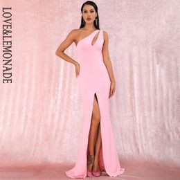 LOVE&LEMONADE Sexy Pink One-Shoulder Cut Out Bodycon Elastic Material Split Party Maxi Dress LM81921 PINK CJ191203