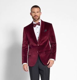 Excellent Velvet Men Wedding Tuxedos Burgundy Groom Tuxedos Shawl Lapel Slim Fit Men Jacket Blazer 2 Piece Suit(Jacket+Pants+Tie) 1709